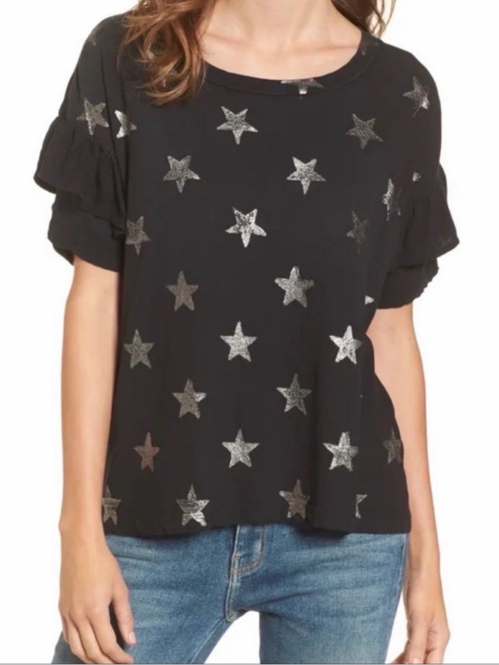 Current/Elliott Black Ruffle Roadie tee Short-Sleeve Top with Silver Star Print